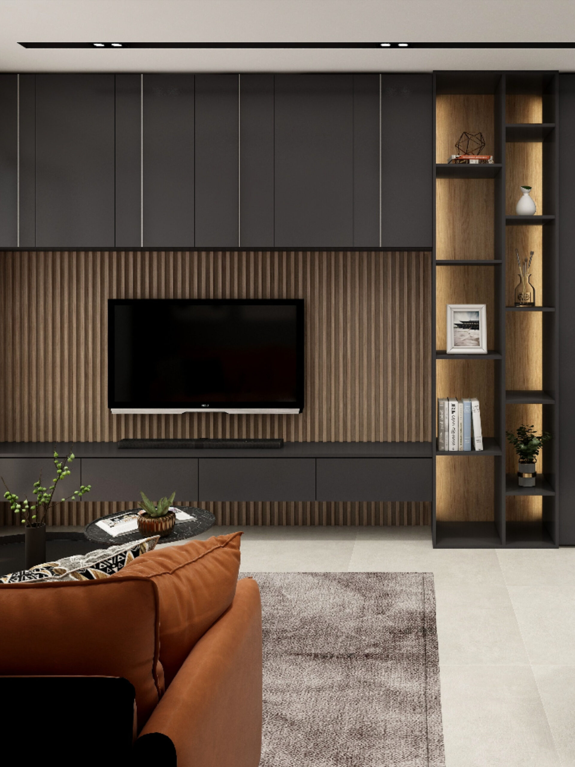A Living Room Filled With Furniture And A Flat Screen Tv Mounted On A ... in Modern Living Room Design With Tv