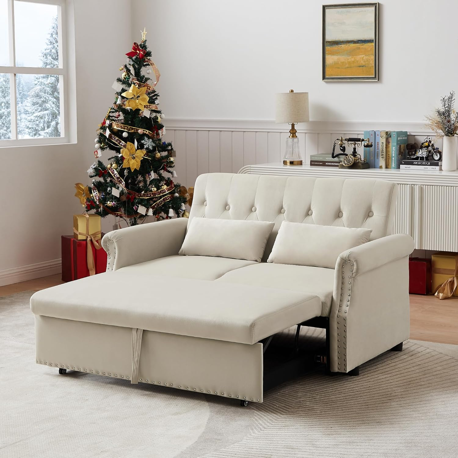 Amazon.com: Merax 55'' Modern Velvet Pull Out Sleep Sofa Bed With 2 ... throughout Monterey Beach Beige Fabric 4 Piece 86" Queen Memory Foam Sleeper Sofa Bed Loveseat Oversized Arm Chair & Ottoman Set