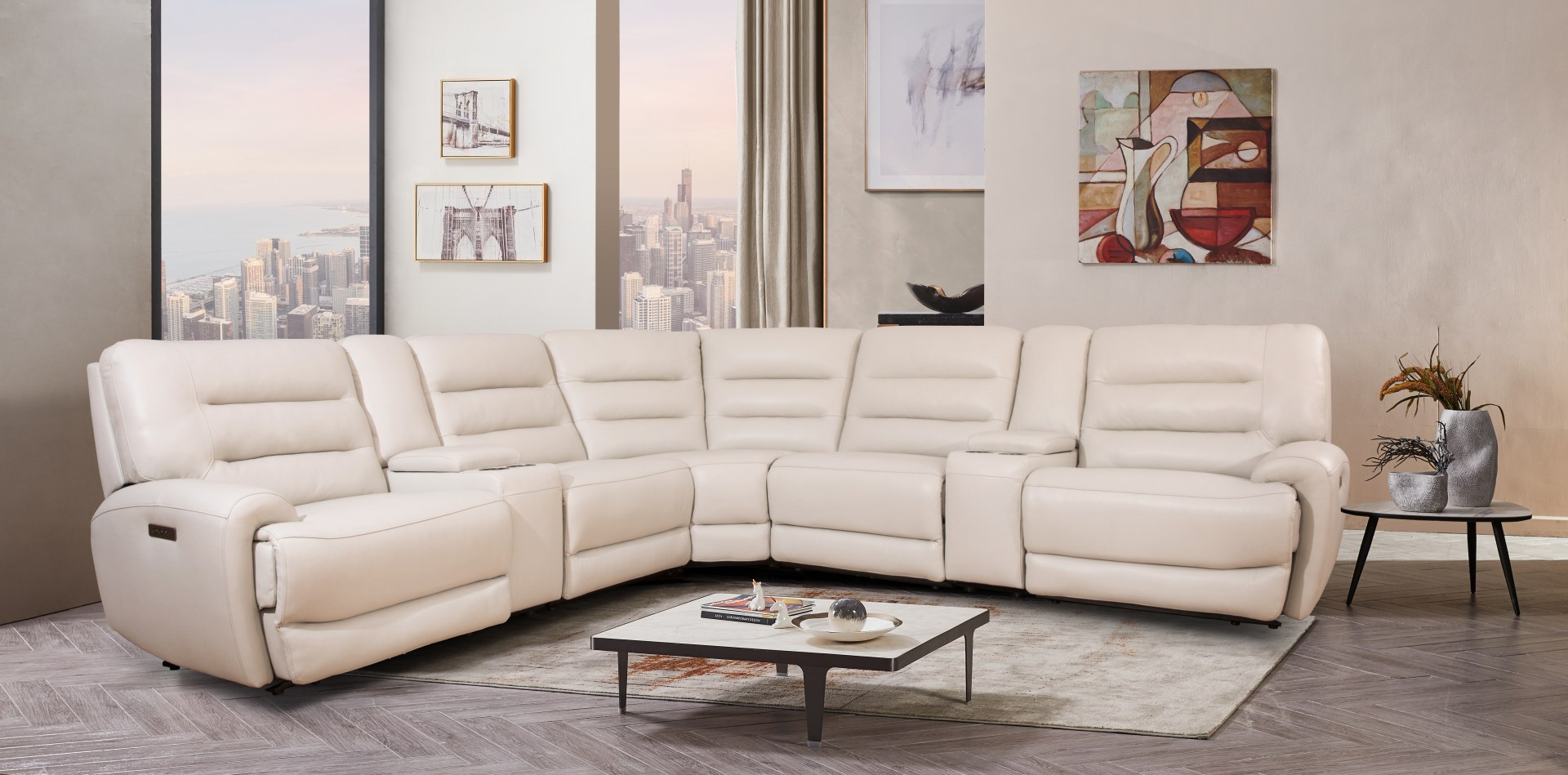 Aubrey 7-Piece Leather Reclining Sectional intended for 3 Piece Matrix Cream Leather Power Zero Gravity Reclining Audio Living Room Set With Sofa Console Loveseat & Recliner