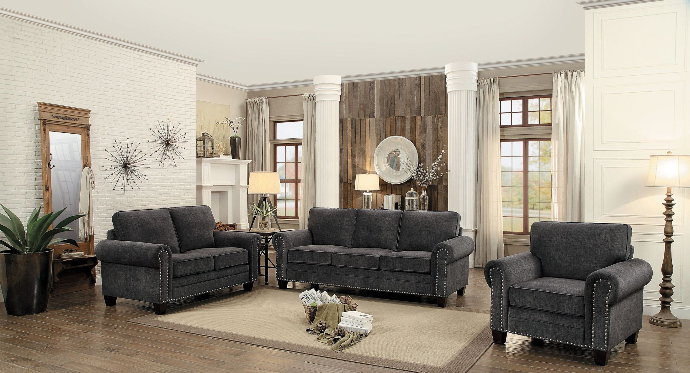 Cornelia Dark Grey Living Room Set, 8216Dg-3, Homelegance with Reid Grey Fabric 3 Piece Living Room Set