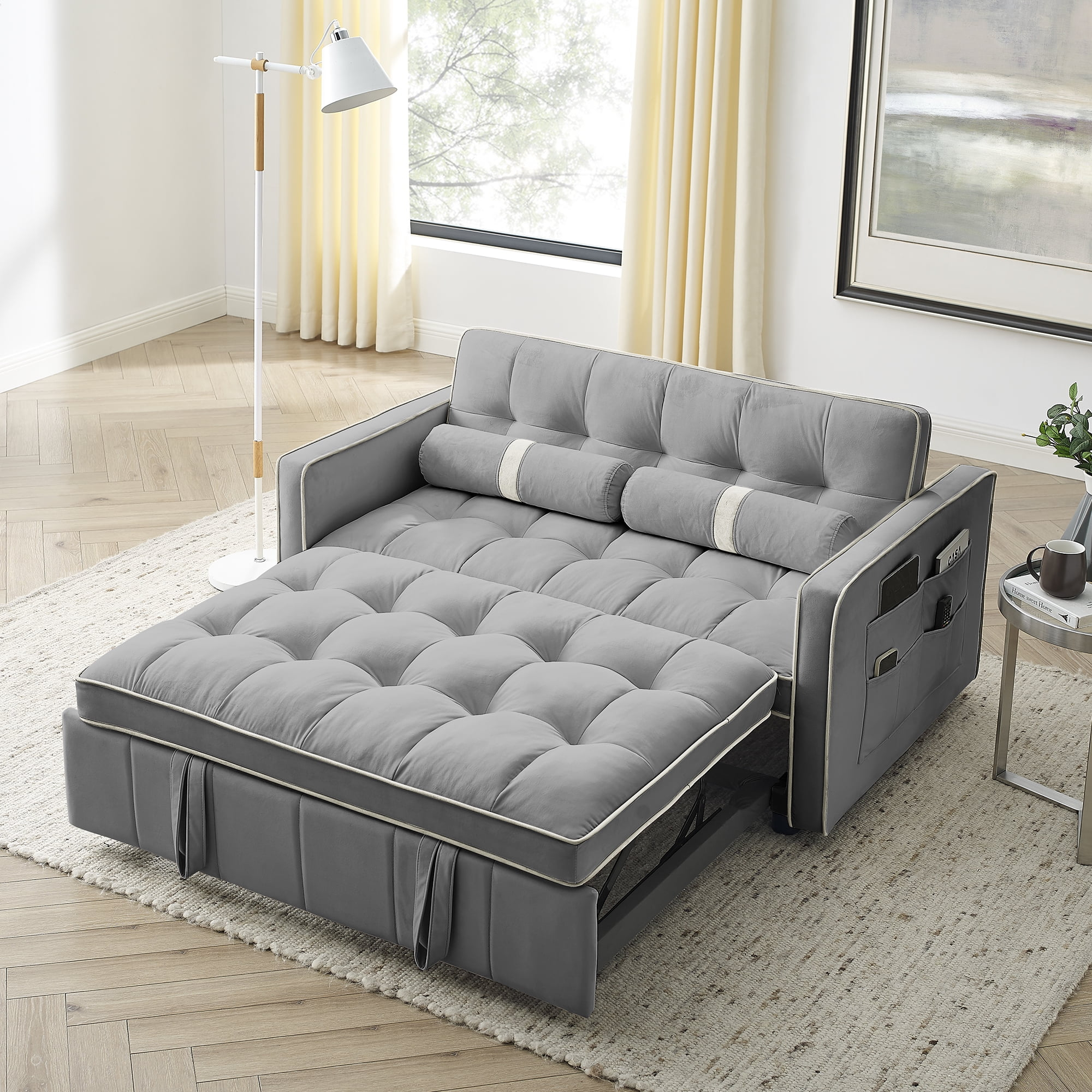 "Holaki Modern Convertible Loveseat Sleeper Sofa Bed, 55.5"", With Side ... for Mathers Cream Beige Fabric 3 Piece 91" Queen Memory Foam Sleeper Sofa Bed Arm Chair & Ottoman Set