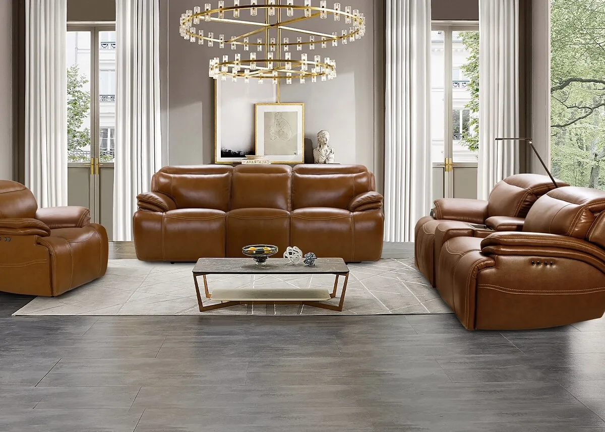 Isaac Brown Leather 3 Pc. Zero Gravity Power Reclining Living Room W ... intended for 3 Piece Matrix Cream Leather Power Zero Gravity Reclining Audio Living Room Set With Sofa Console Loveseat & Recliner