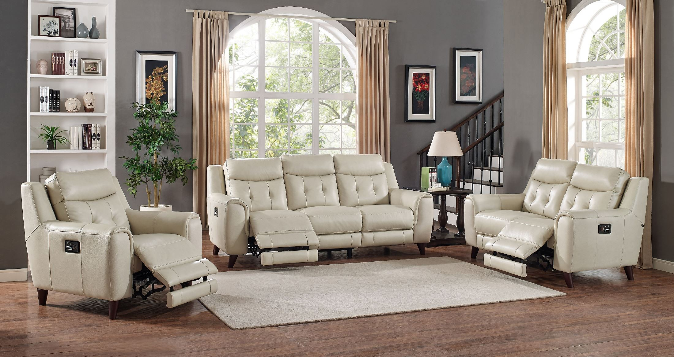 Paramount Cream Leather Power Reclining Living Room Set From Amax ... within 3 Piece Matrix Cream Leather Power Zero Gravity Reclining Audio Living Room Set With Sofa Console Loveseat & Recliner