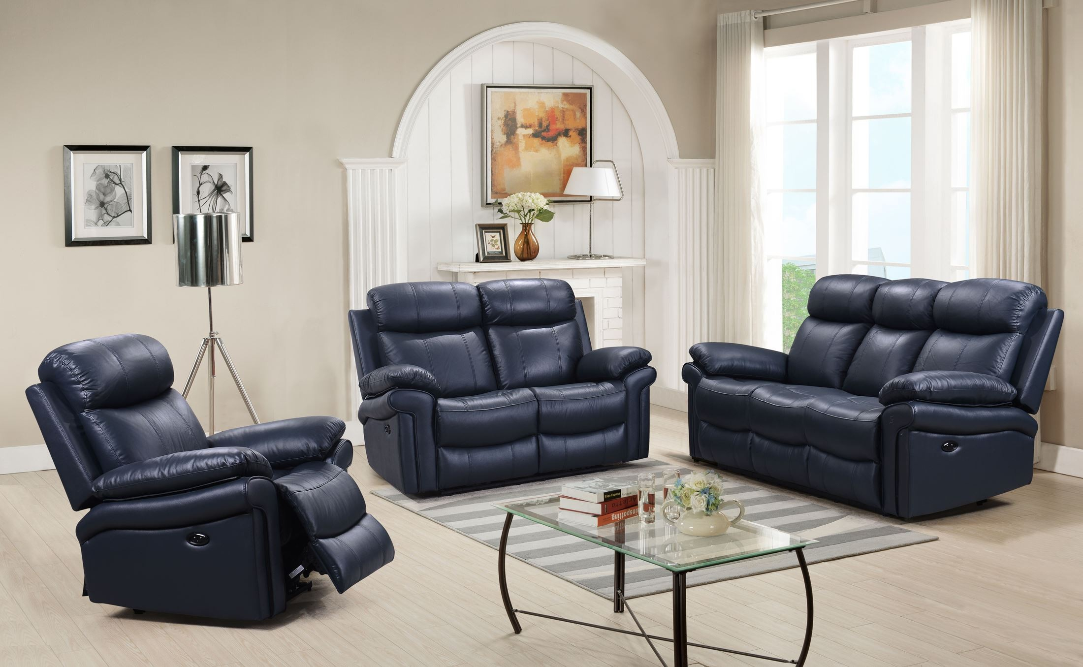 Shae Joplin Blue Leather Power Reclining Living Room Set From Leather ... pertaining to The Ultimate Guide to Comfort Samuel Navy Blue Leather Living Room Sets