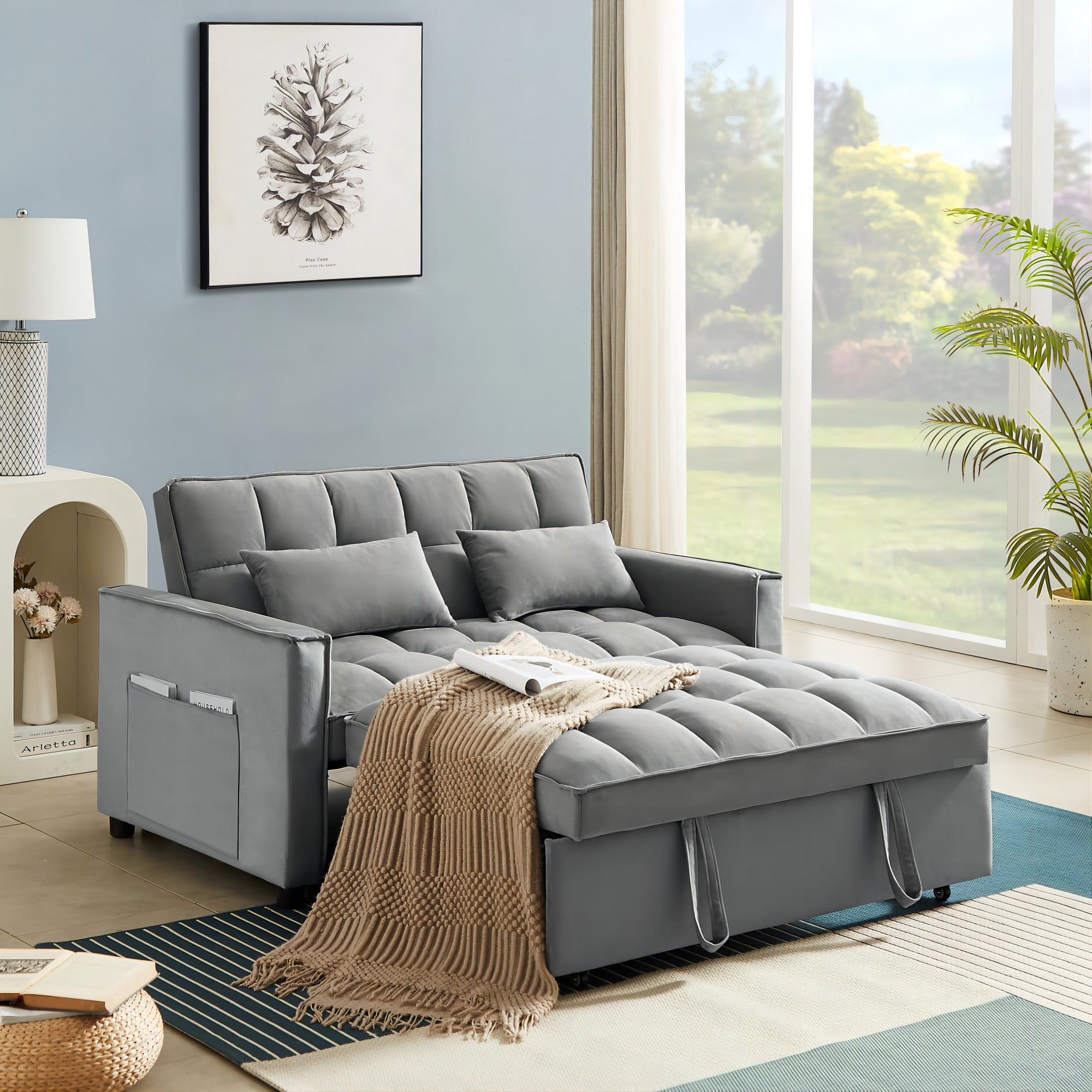 Zechuan Convertible Sofa Bed With Pull Out Bed - 55" Tufted Velvet ... inside Monterey Beach Beige Fabric 3 Piece 86" Queen Memory Foam Sleeper Sofa Bed Oversized Arm Chair & Ottoman Set