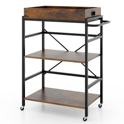 3-Tier Bar Cart Industrial Serving Cart With Detachable Tray - Costway for Aldric Distressed Tobacco Industrial Serving Cart