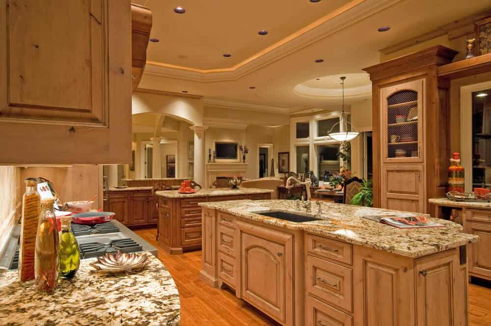 42 Kitchens With Two Islands (Photos) - Home Stratosphere throughout Classic Kitchen Island, Spacious Design With Multiple Open Shelves, White/Brown