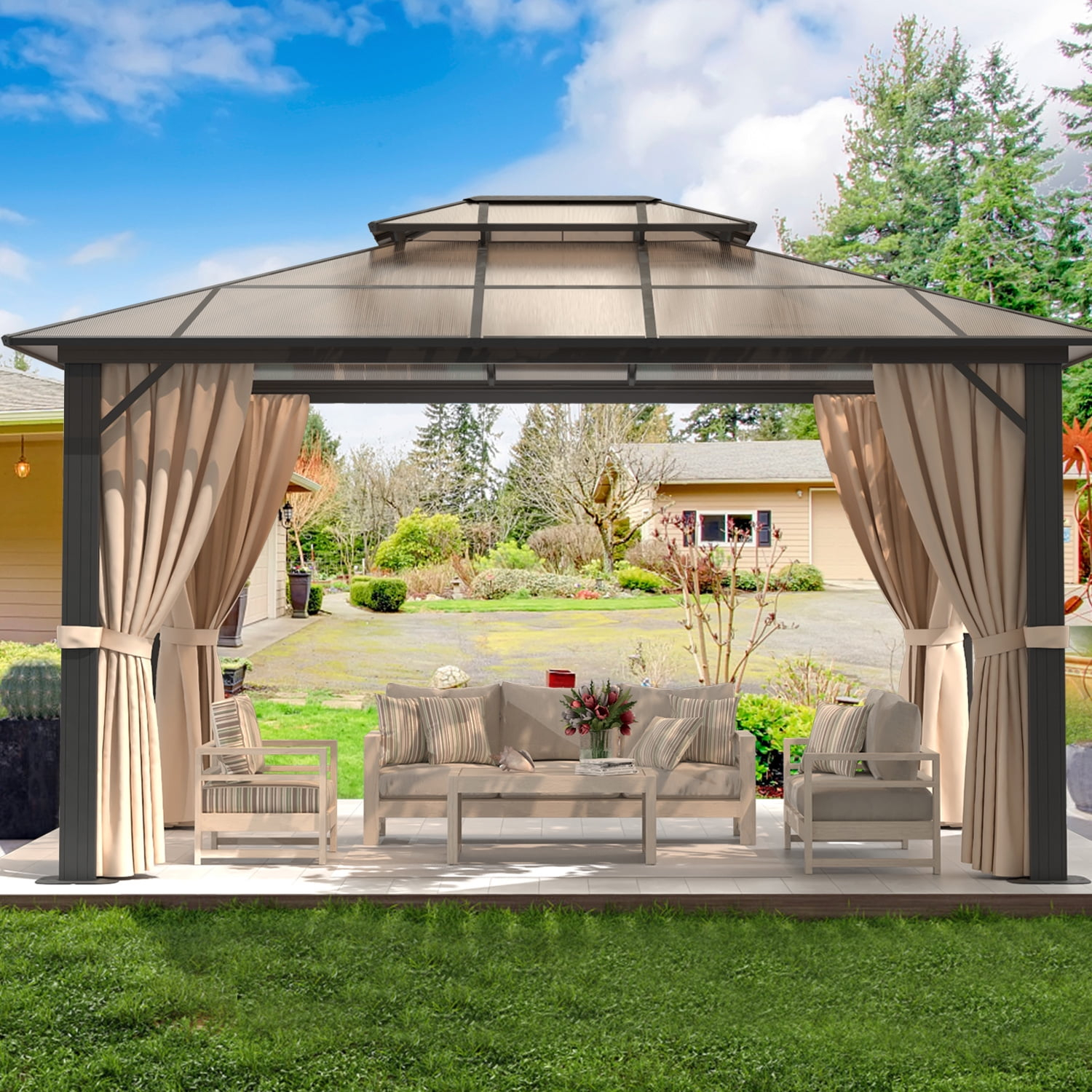 Aoxun 10'X13' Hardtop Gazebo, Outdoor Polycarbonate Double Roof Canopy ... inside Aluminum Patio Gazebo With Double Roof