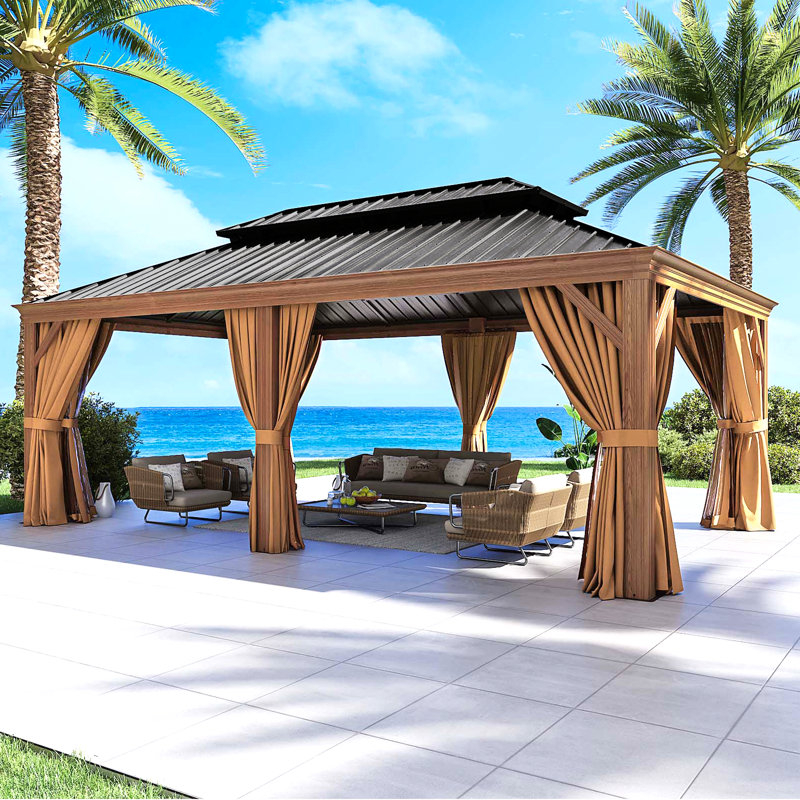 Arlmont & Co. Hironobu 20Ft. W X 12Ft. D Outdoor Cedar Framed Gazebo ... pertaining to Hironobu 20Ft. W X 12Ft. D Outdoor Cedar Framed Gazebo With Steel Hardtop Permanent Wooden Finished Pavilion