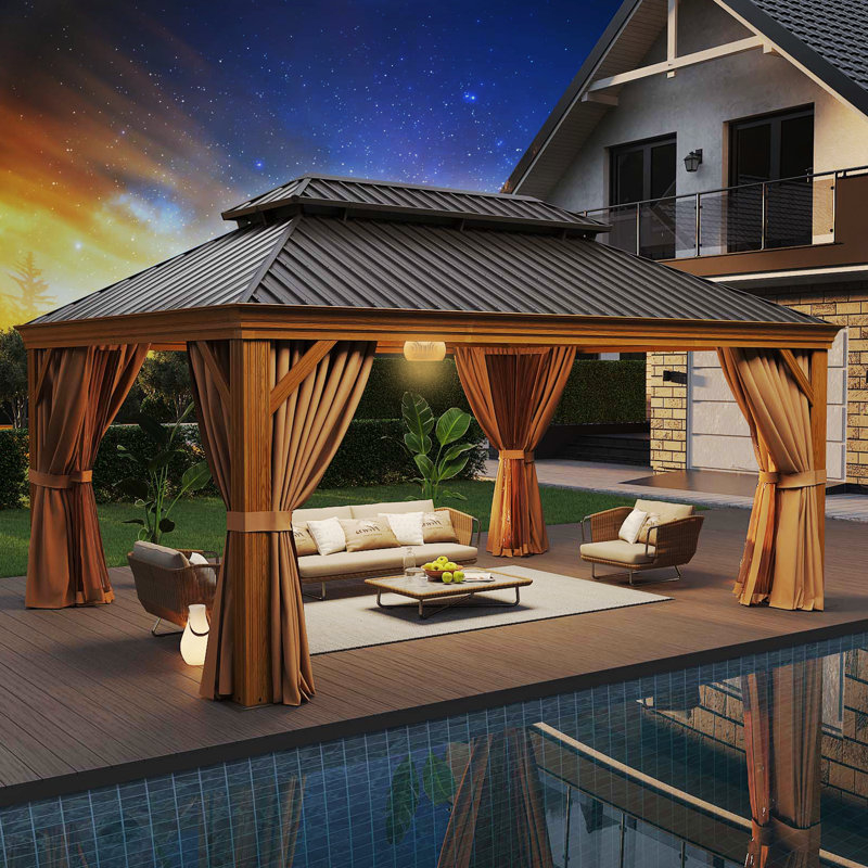 Arlmont & Co. Kawon 16Ft. W X 12Ft. D Outdoor Cedar Framed Gazebo With ... in Kawon 16Ft. W X 12Ft. D Outdoor Cedar Framed Gazebo With Steel Hardtop Permanent Wooden Finished Pavilion