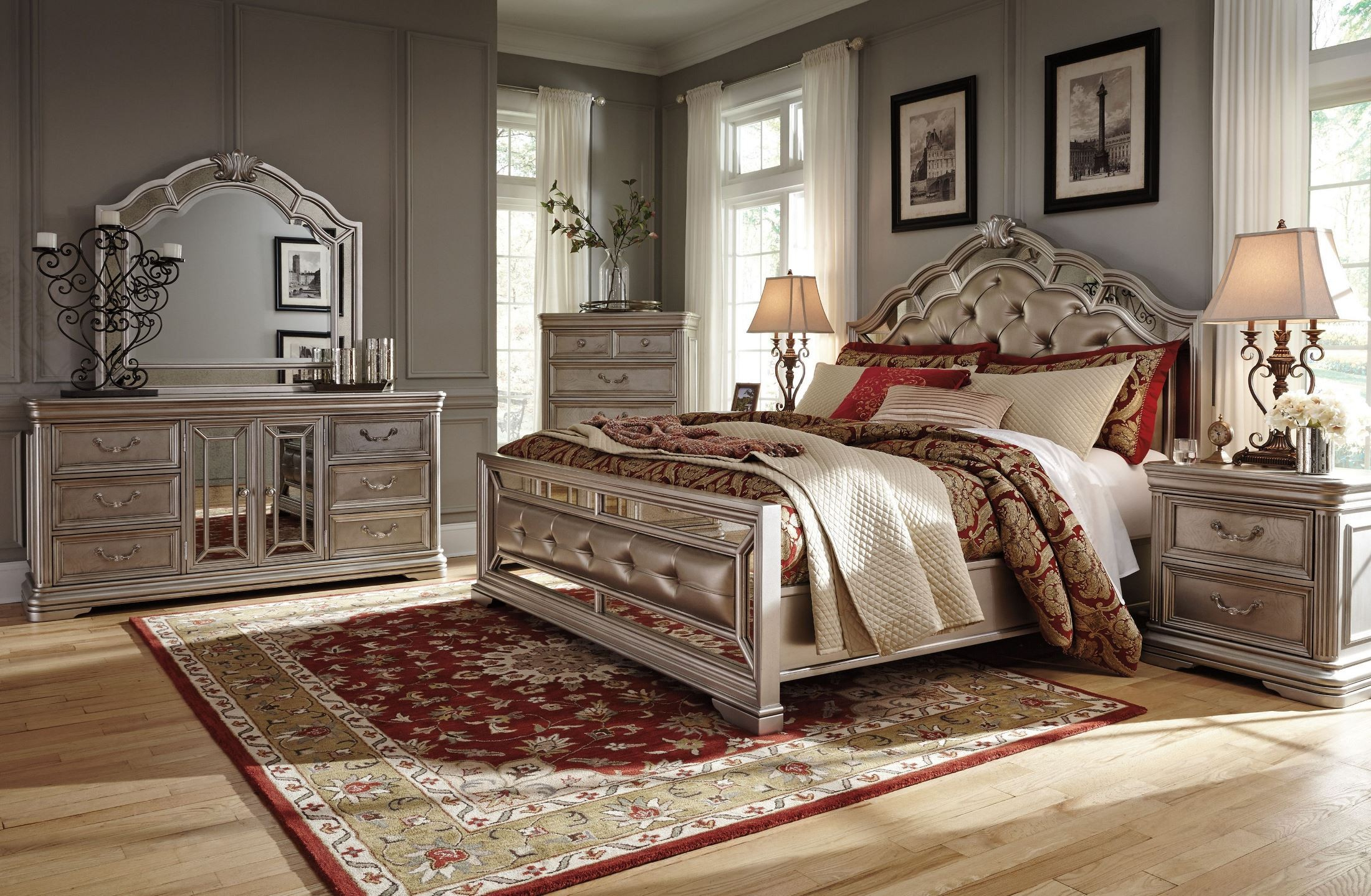 Birlanny Silver Upholstered Panel Bedroom Set, B720-57-54-96, Ashley for Voyage Natural King Wood & Upholstered Panel 3 Piece Bedroom Set With 2 2-Drawer Nightstands By Nate Berkus + Jeremiah Brent