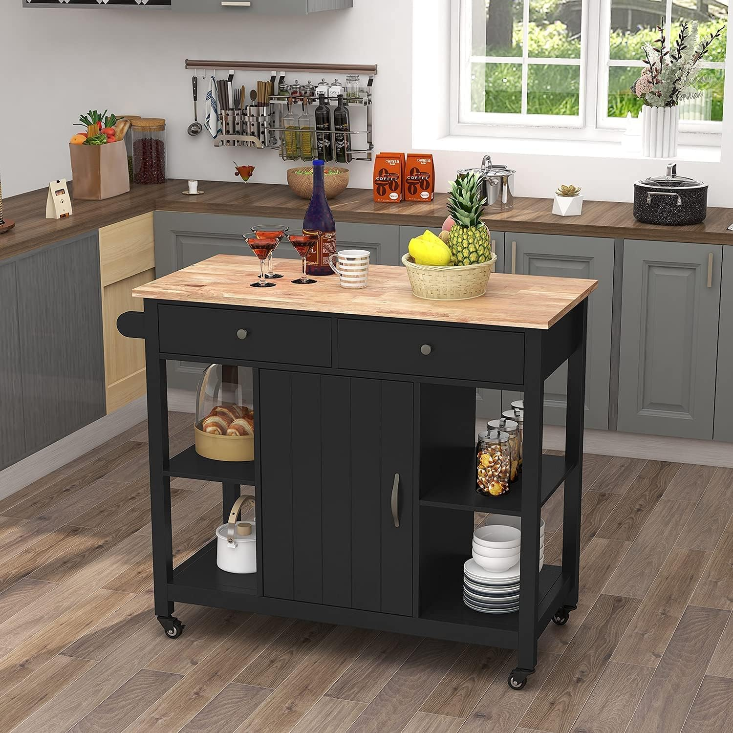 Choochoo Kitchen Islands On Wheels With Wood Top, Utility Wood Movable ... with regard to Black And Natural 36" Kitchen Island With Storage