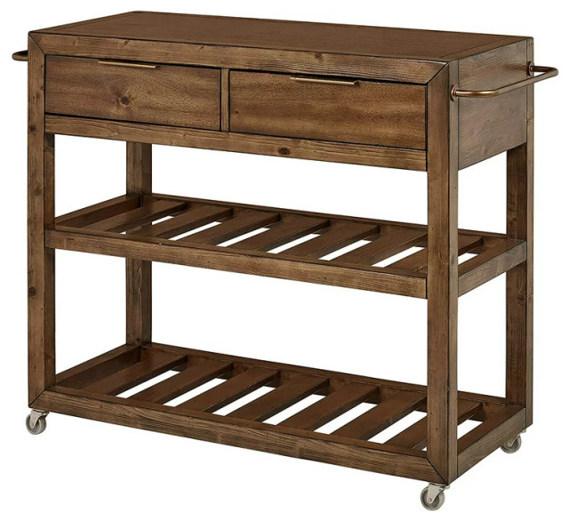 Classic Kitchen Cart, Slatted Shelf & 2 Drawers With Golden Hardware ... throughout Classic Kitchen Cart, Slatted Shelf & 2 Drawers With Golden Hardware, Light Oak