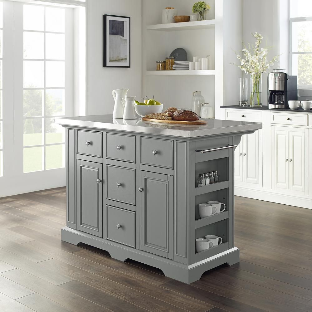Crosley Furniture Julia Gray Kitchen Island With Towel Rack Kf30025Agy ... throughout Classic Kitchen Island, Deep Gray Frame With Side Shelves & Distressed Oak Top