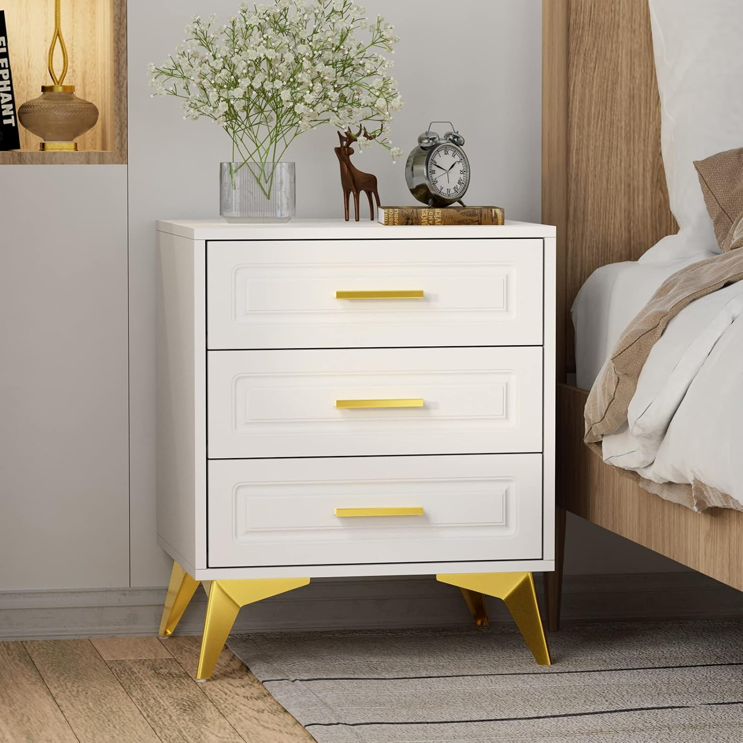 Giluta White Nightstand With Drawers, Modern Bedside Table With Gold ... throughout Baylie White King 3 Piece Bedroom Set With 2 1 Drawer Nightstands