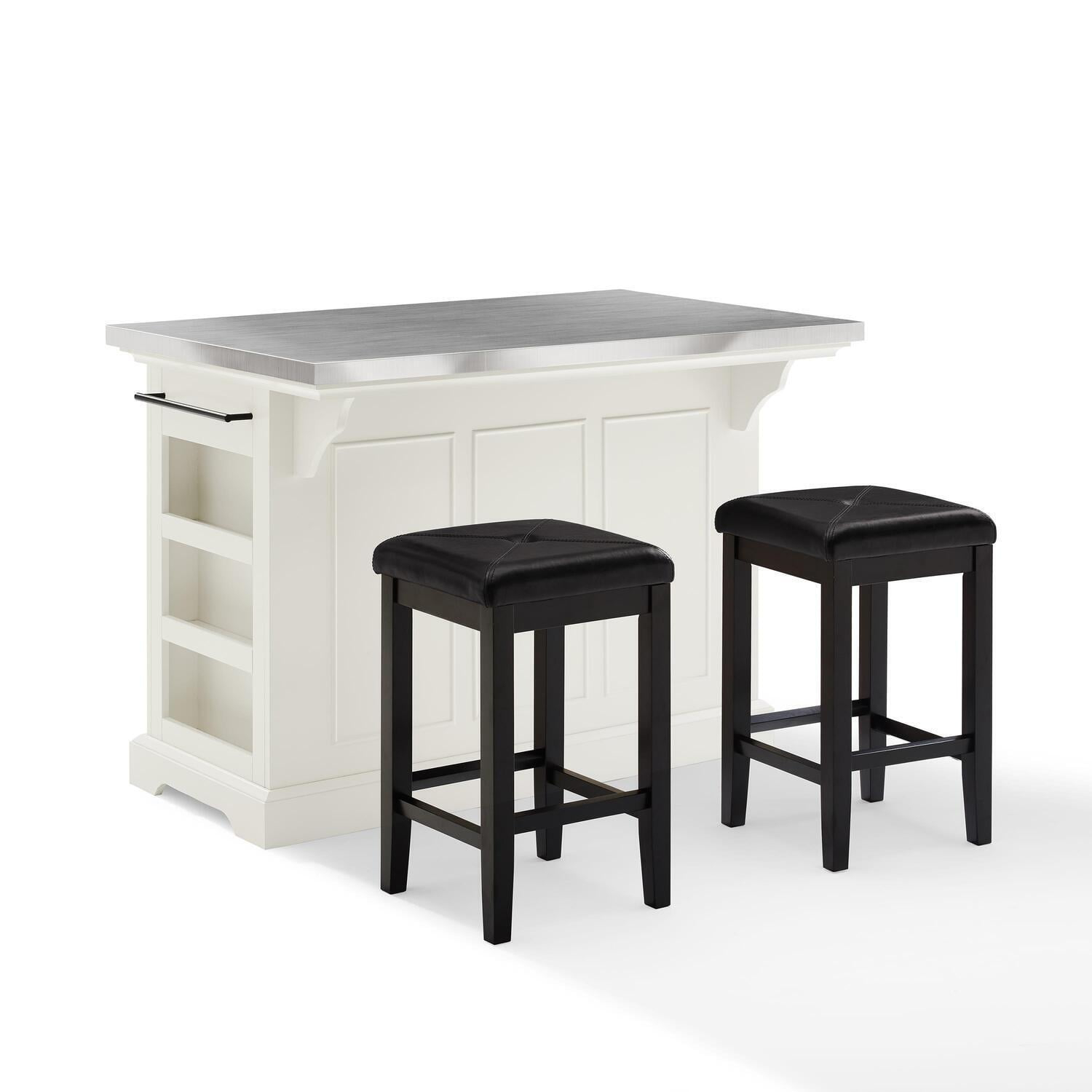 Homestock Mountain Lodge Stainless Steel Top Island W/Uph Square Stools ... for Bartlett Wood Top Kitchen Island W/Uph Square Stools