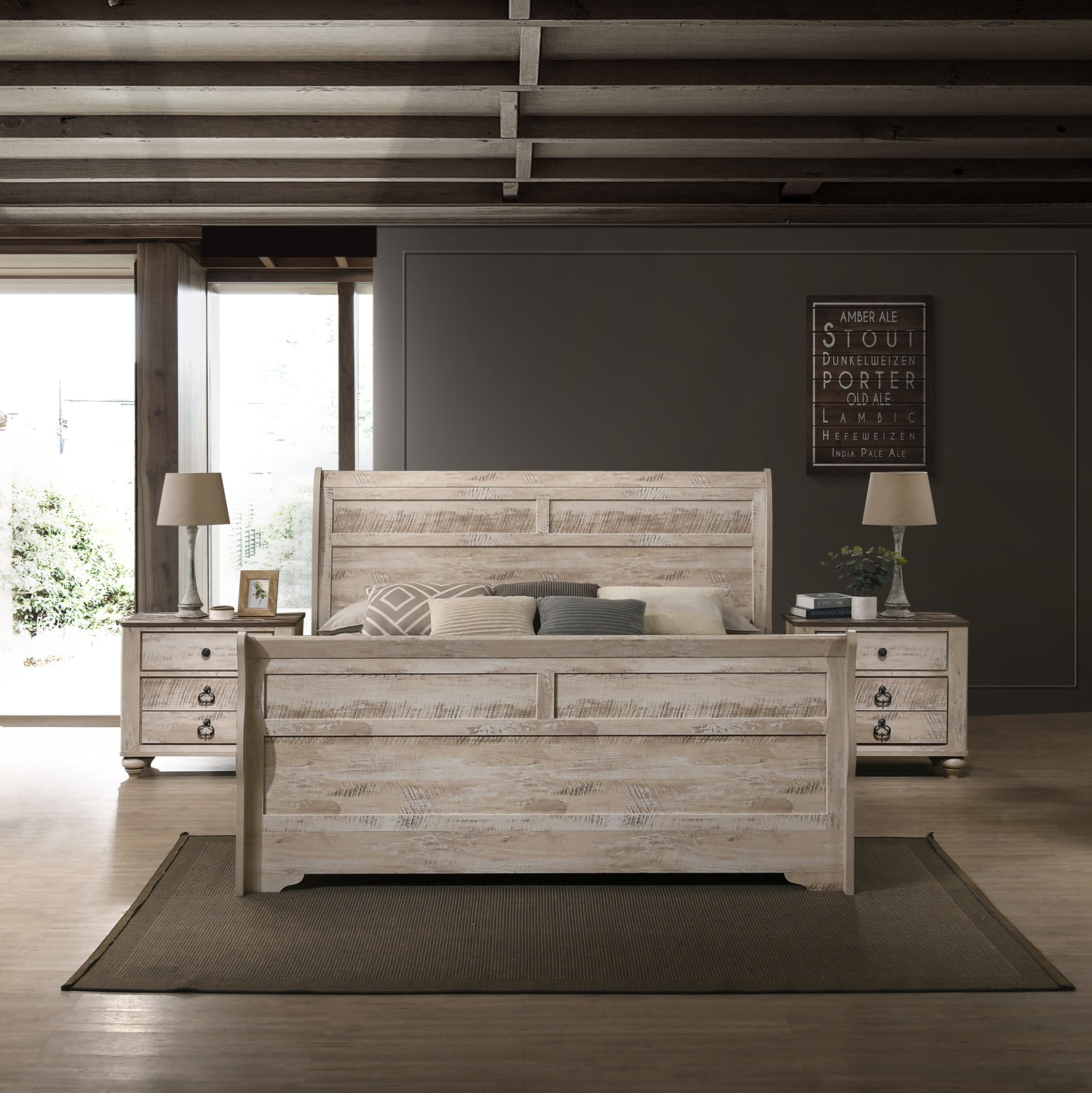 Imerland White Wash Finish 3-Piece Bedroom Set-Sleigh Bed And Two ... with Cassie White Queen Wood 3 Piece Bedroom Set