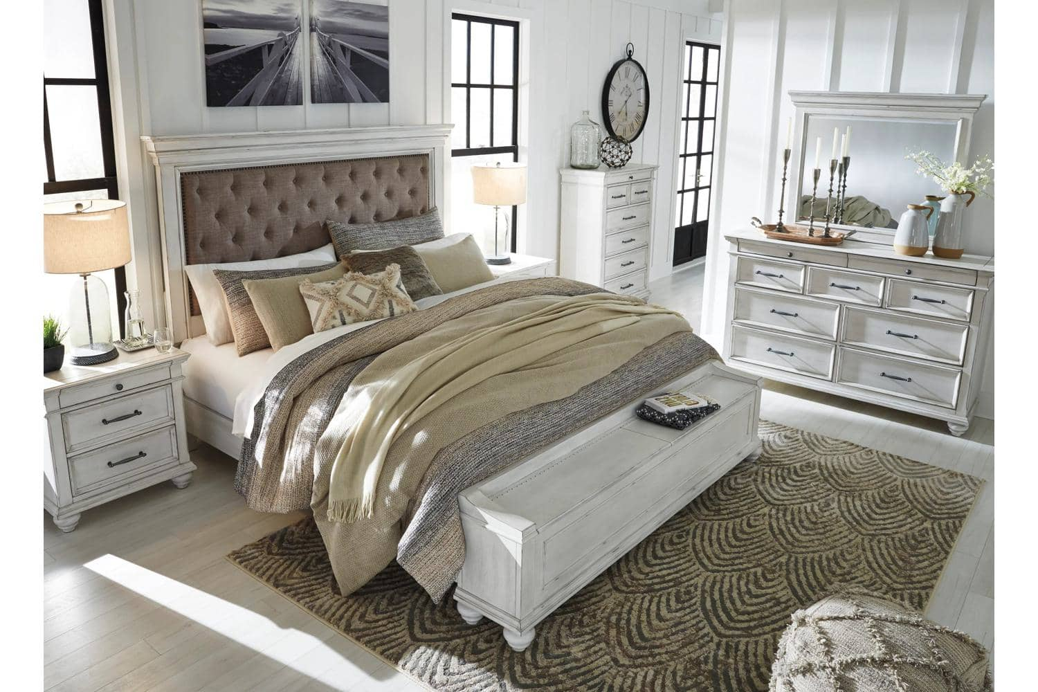Kanwyn Whitewashed Upholstered King 5 Piece Bedroom Set With Storage ... with Storage
