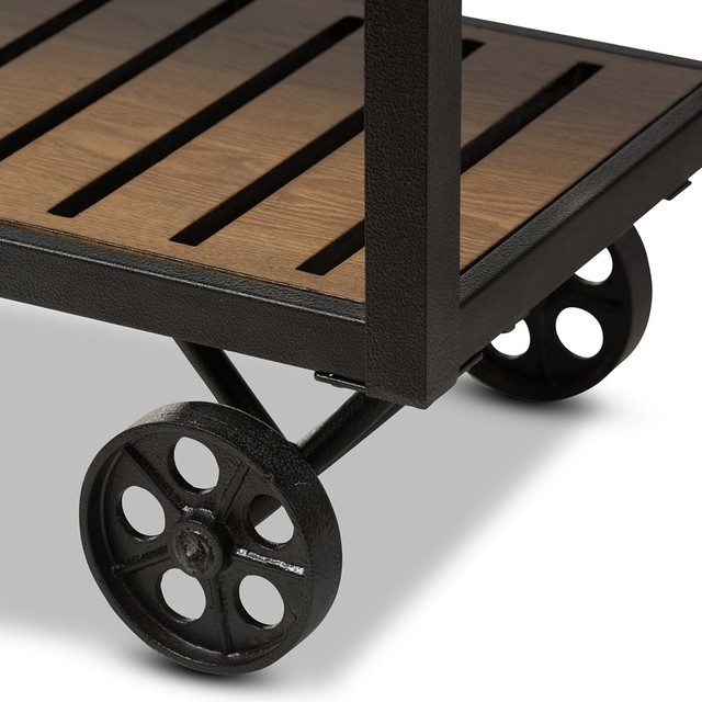 Kennedy Rustic Antique Black Textured Metal Distressed Wood Mobile ... regarding Aldric Distressed Tobacco Industrial Serving Cart
