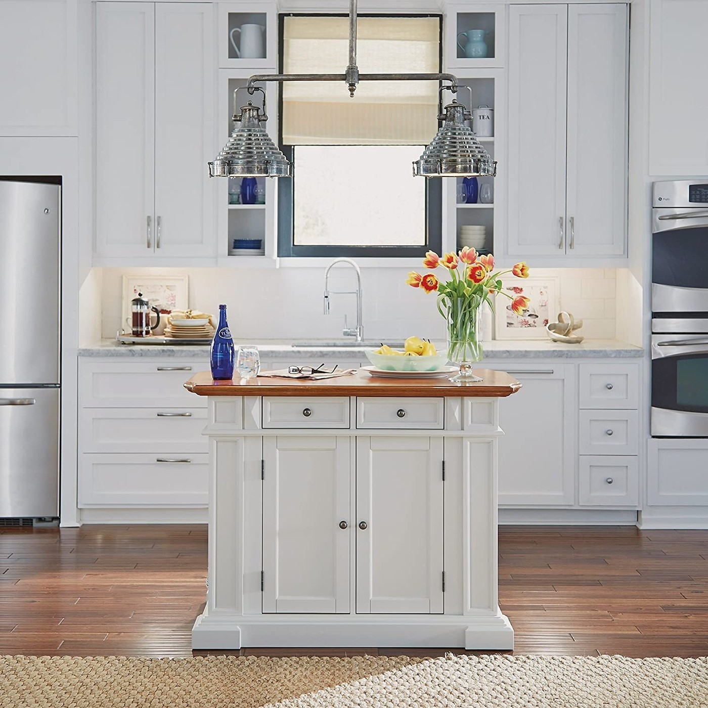 Kitchen Island Breakfast Bar - Visualhunt with Classic Kitchen Island, Deep Gray Frame With Side Shelves & Distressed Oak Top