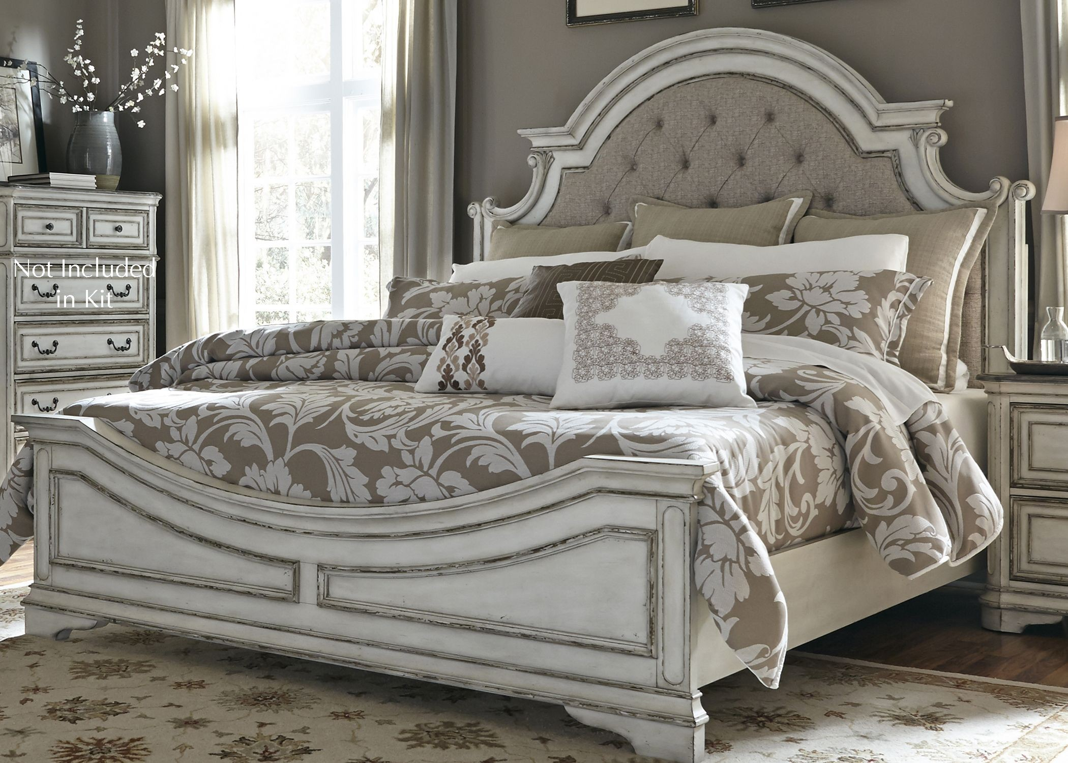 Magnolia Manor Antique White Upholstered Panel Bedroom Set, 244-Br-Qub ... inside Voyage Natural King Wood & Upholstered Panel 3 Piece Bedroom Set With 2 2-Drawer Nightstands By Nate Berkus + Jeremiah Brent