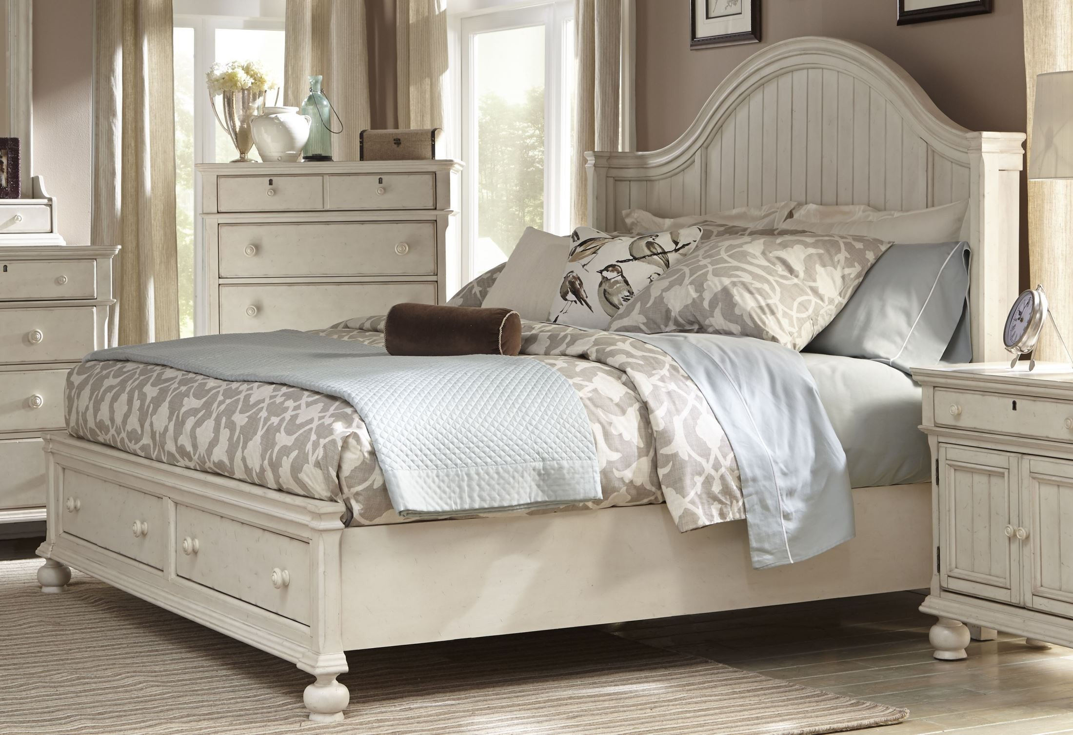 Newport Antique White King Panel Storage Bed From American Woodcrafters ... intended for Storage