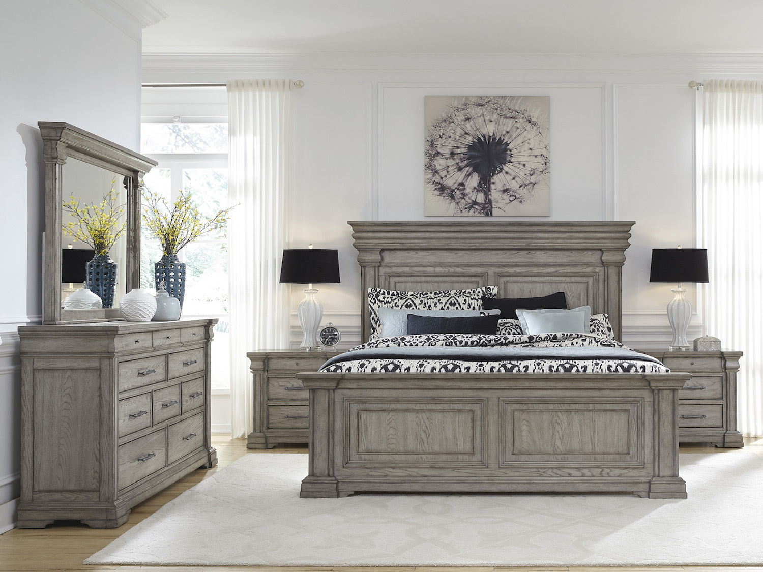 Pulaski Furniture Madison Ridge Trendy Bed Set In Light Finished Grey Wash with regard to Dean Sand Full Upholstered 4 Piece Bedroom Set With Madison White Ii Dresser Chest & 2 Drawer Nightstand