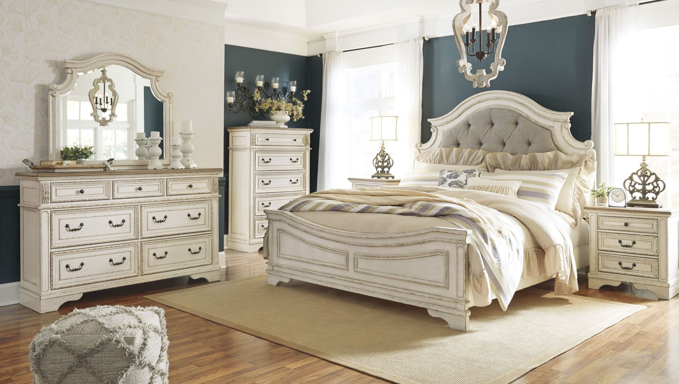 Realyn Chipped Two Tone Upholstered Panel Bedroom Set From Ashley ... for Voyage Natural King Wood & Upholstered Canopy 3 Piece Bedroom Set With 2 2-Drawer Nightstands By Nate Berkus + Jeremiah Brent