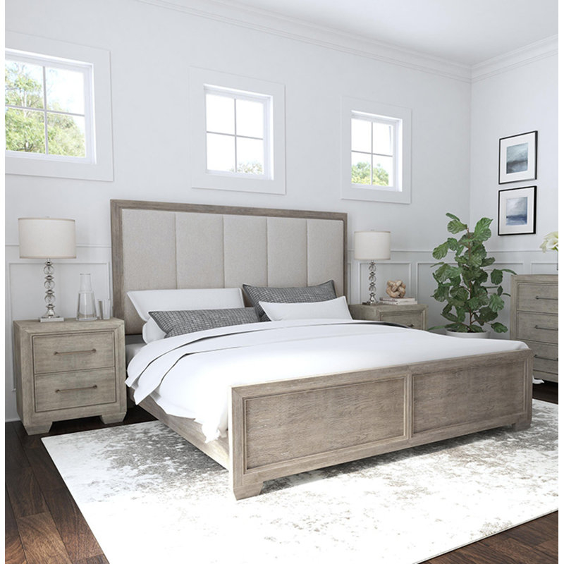 Roundhill Furniture Ennesley Upholstered Sleigh 3 Piece Bedroom Set ... pertaining to Voyage Natural King Wood & Upholstered Panel 3 Piece Bedroom Set With 2 2-Drawer Nightstands By Nate Berkus + Jeremiah Brent