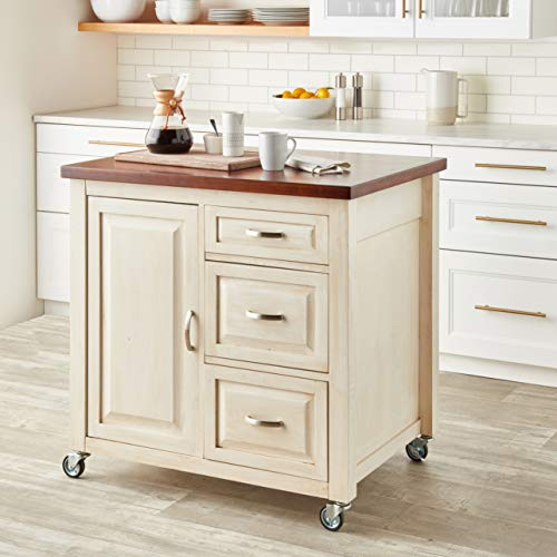 Sunset Trading Andrews Kitchen Cart, Distressed Antique White/Chestnut ... inside Classic Kitchen Cart, Removable Casters & Square Drawers, Antique White/Chestnut