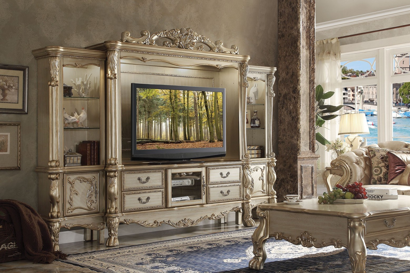 91330 Gold Patina / Bone Finish Entertainment Center Dresden Collection ... in Acme Dresden Wooden Entertainment Center In Gold Patina And Bone