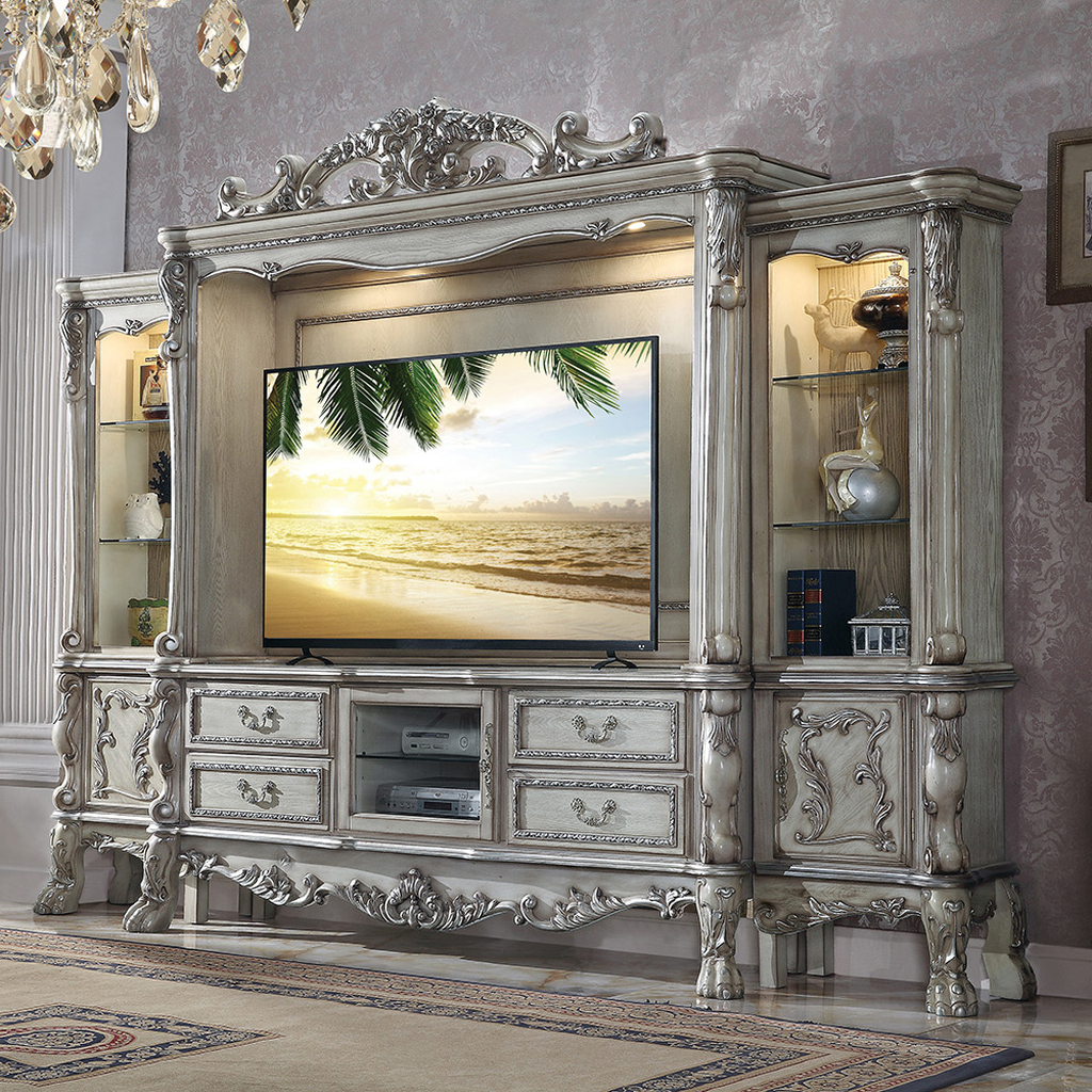 Acme Dresden Entertainment Center In Vintage Bone White | 1Stopbedrooms intended for Acme Dresden Wooden Entertainment Center In Gold Patina And Bone
