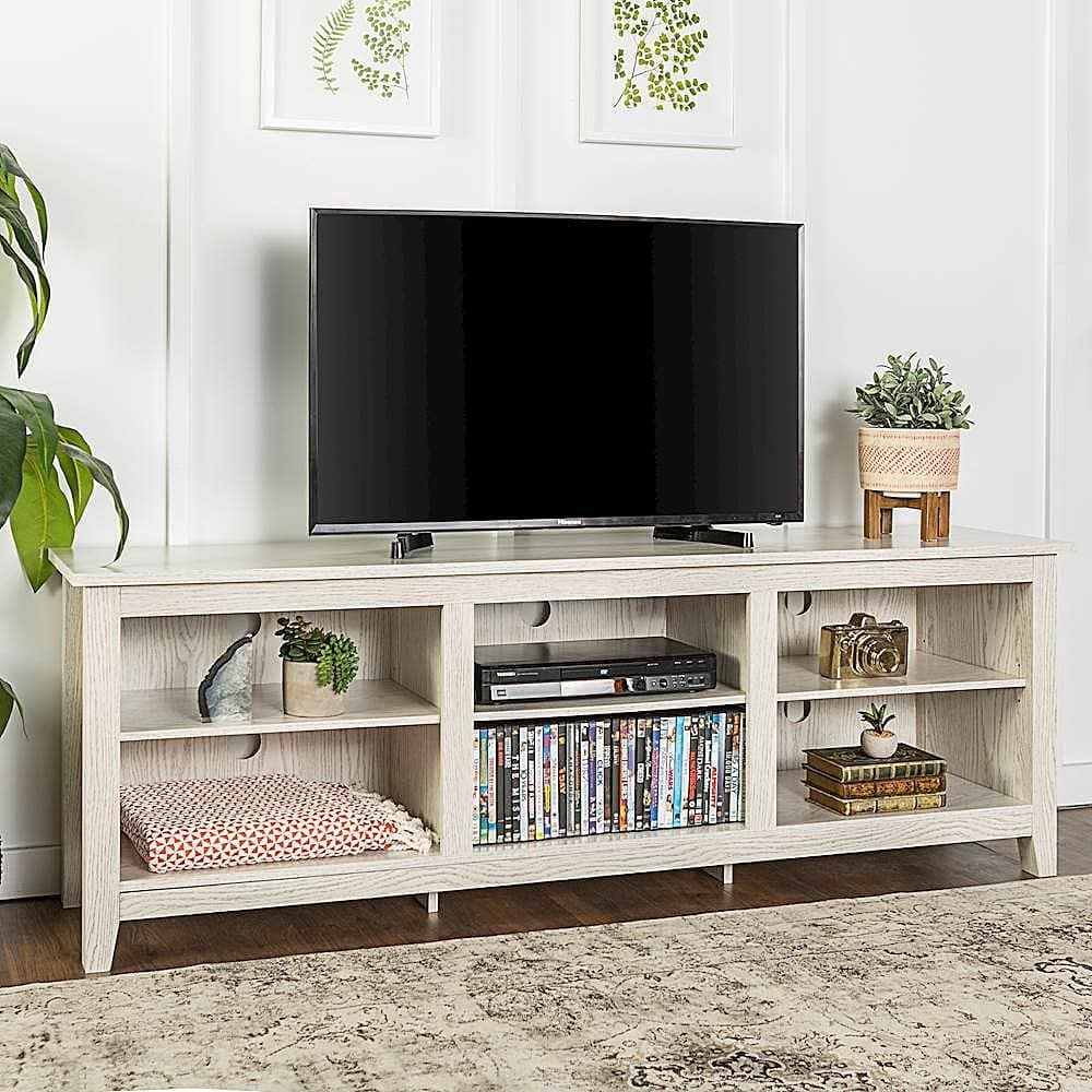 Best Buy: Walker Edison Modern 70&Quot; Open 6 Cubby Storage Tv Stand For Tvs Up To 80&Quot; White Wash ... pertaining to The Art of Ambiance How LED Displays Enhance Your Fireplace TV Stand