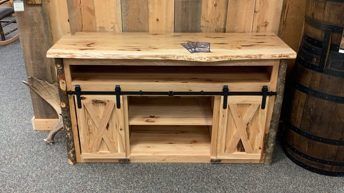 Hickory Live Edge Tv Stand With Sliding Doors — Ez Mountain Rustic ... for Hickory TV Stands A Guide to Durability and Aesthetic Appeal