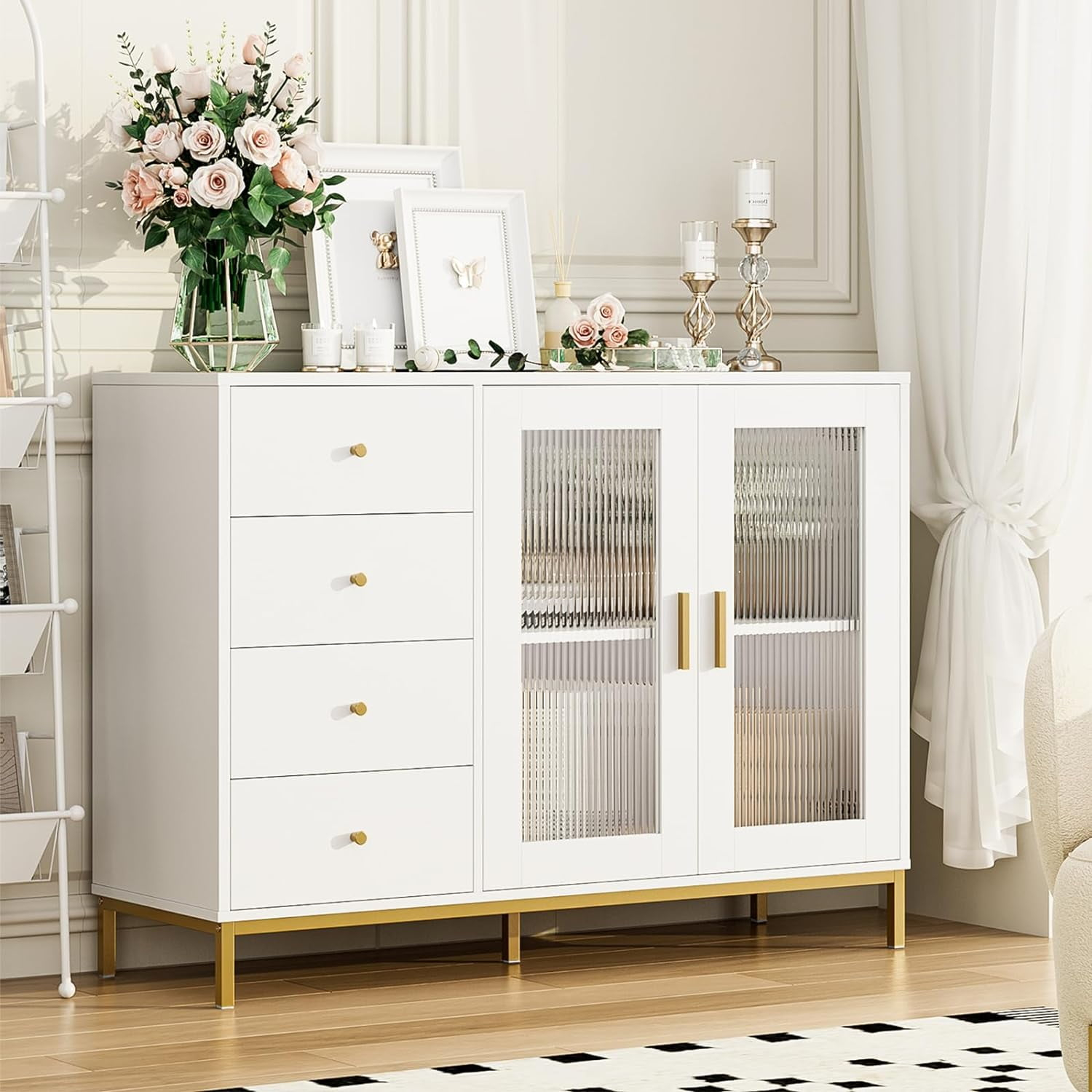 Mqlifeboom White Dresser 47.2" White Gold Dresser With Fluted Glass ... pertaining to