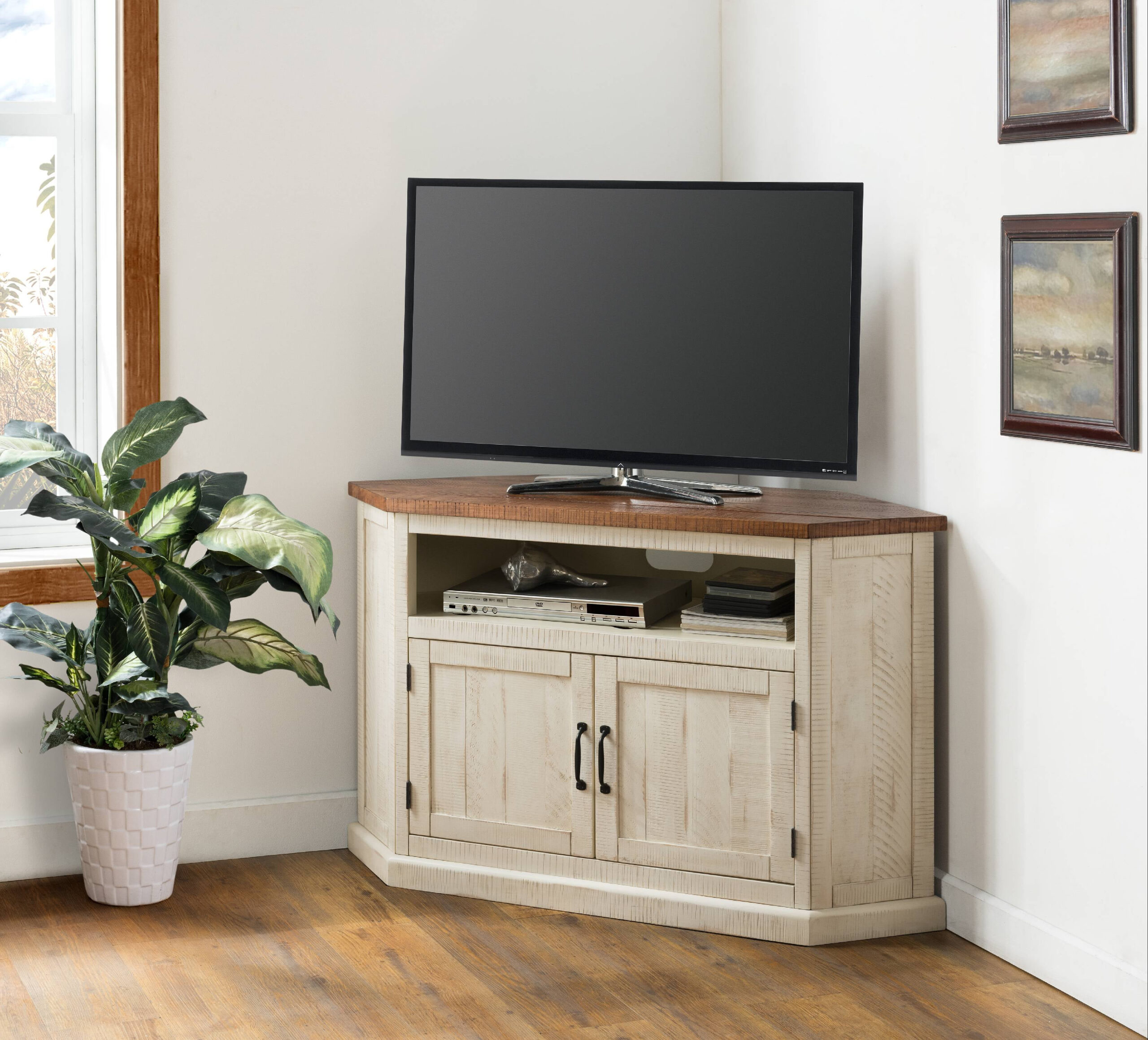 Rustic Wooden Corner Tv Stand With 2 Door Cabinet, Antique White And ... within From Clutter to Calm How a Corner TV Console Transforms a Room