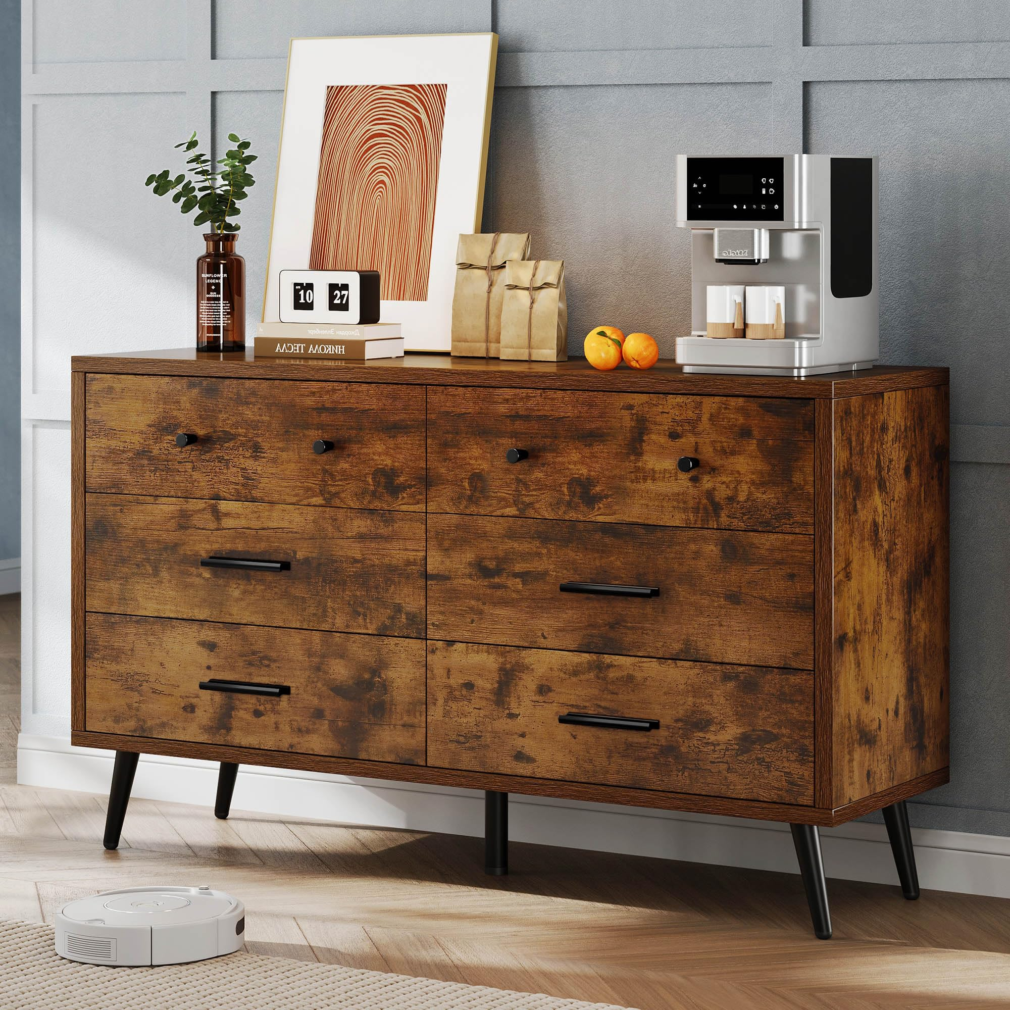 Snapklik.com : Dwvo Rustic Brown 6 Drawer Dresser - 47" W Large Double ... with The Enduring Appeal of the Newton Brown 6-Drawer Dresser in Modern Homes