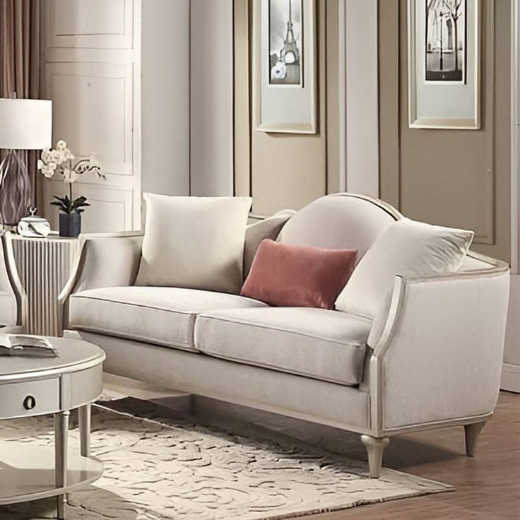 66.25" Kasa Sofa Beige Linen And Champagne Finish - Acme Furniture ... throughout Designing Your Living Room Around a Chic 66-inch Beige Sectional Sofa