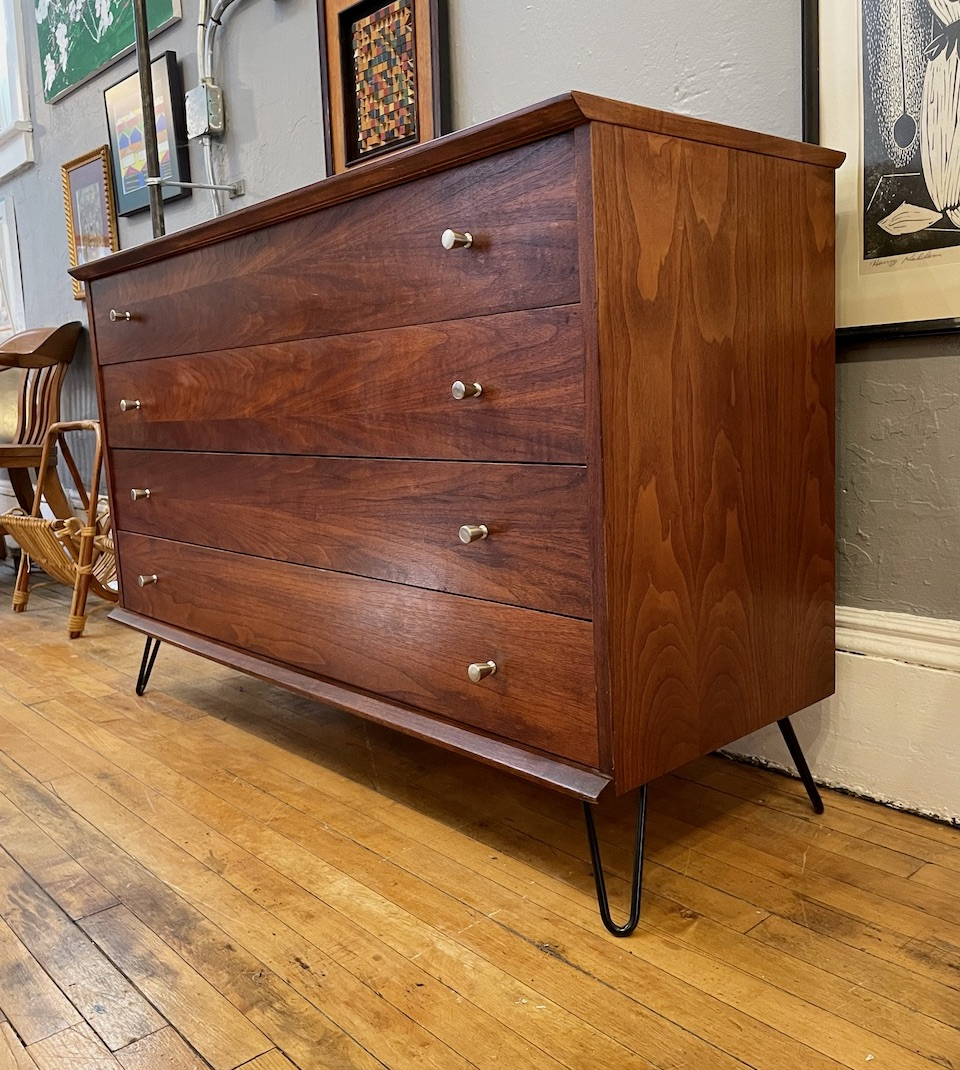 Mid Century Walnut 4 Drawer Low Dresser On Hairpin Legs | Circa throughout The Enduring Appeal of Hairpin Legs on a Modern London Dresser