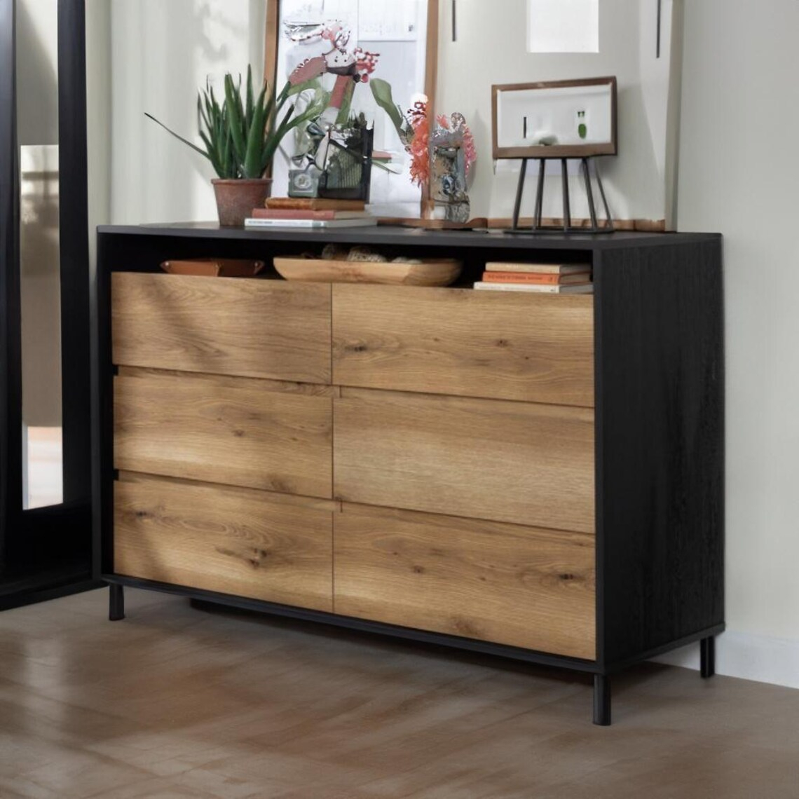 Modern Black 6-Drawer Dresser With Open Storage Cubbies, Minimalist ... with regard to Integrating the Julieta Black 6 Drawer Dresser into Your Bedroom Aesthetic
