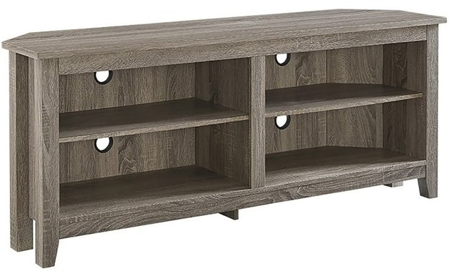 Pemberly Row Modern Wood Corner Tv Stand For Tvs Up To 58" In Driftwood ... inside Achieving a Modern Aesthetic with the Pemberly Row TV Stand