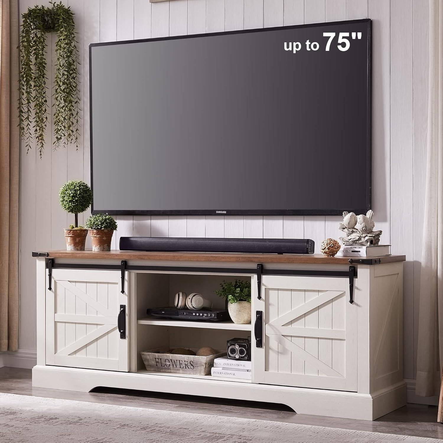 Amazon.com: Okd Farmhouse Tv Stand For 75 Inch Tv With Sliding Barn ... in How the Kings Point Large Media Console Elevates Home Entertainment