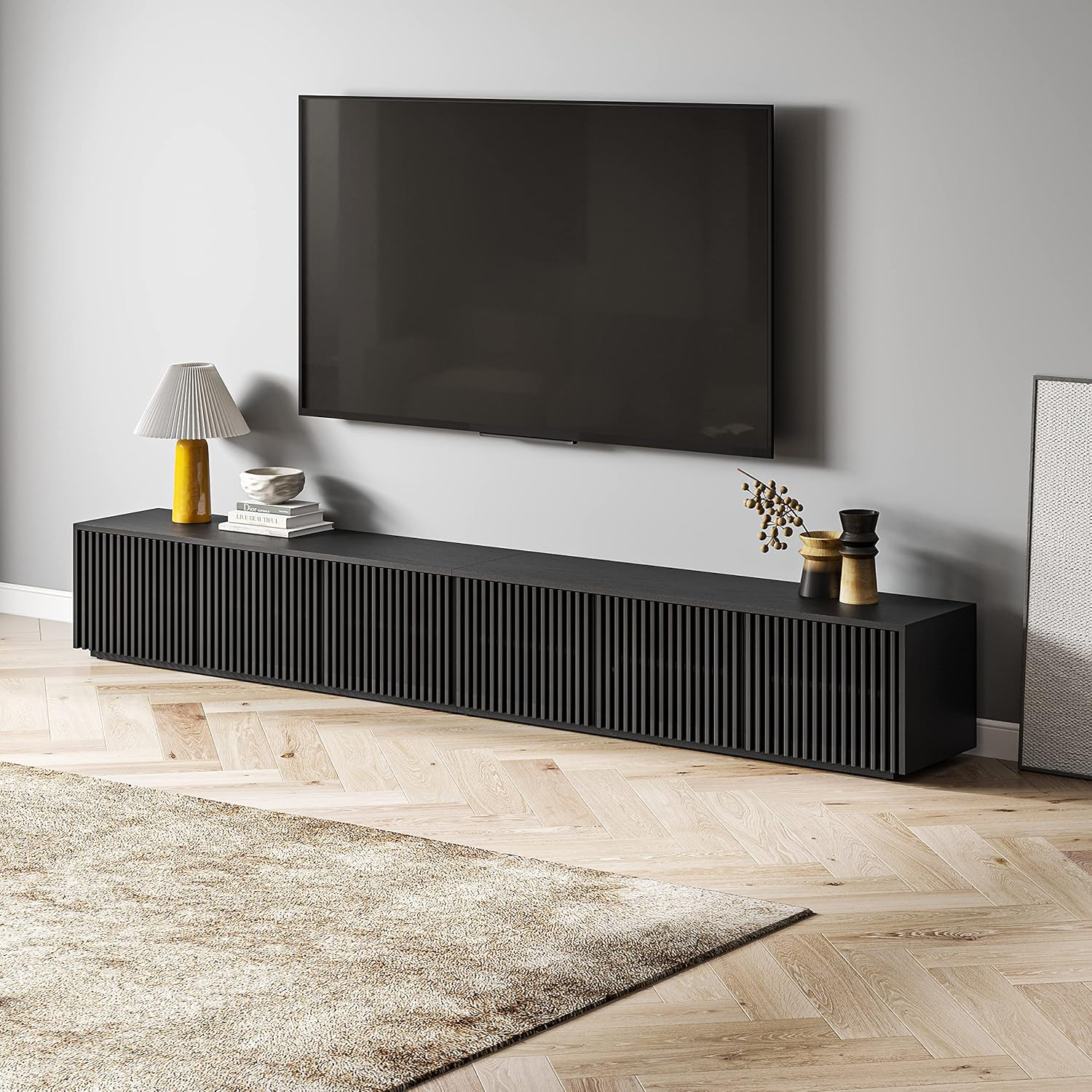 Amazon.com: Povison Wood Tv Stand, 118” Extra-Large Black Entertainment ... with regard to Bringing Elegance Home The 87" Gold Modern Black Wood Veneer TV Stand