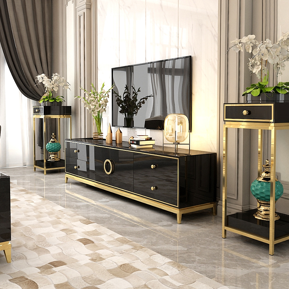 Modern Black Tv Stand With Drawers & Doors Gold Media Console For Tvs ... intended for Bringing Elegance Home The 87" Gold Modern Black Wood Veneer TV Stand