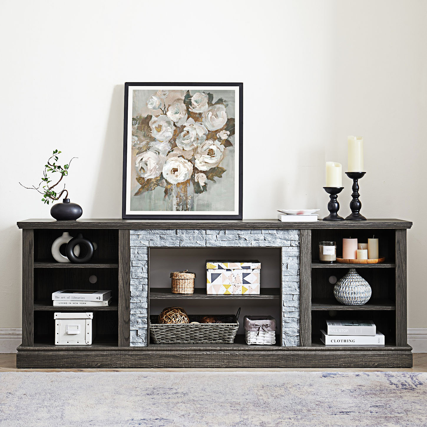 17 Stories Large Faux Stacked Stone Tv Stnad, Media Console Table ... with regard to Jaymes Console Table/Media Stand - Silver