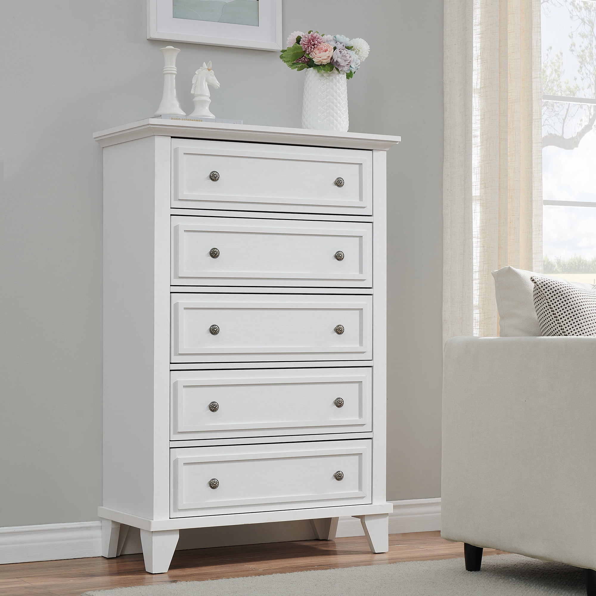 5 Drawer Dresser, Wood Storage Cabinet Vintage Dresser With 5 Drawers ... with Washington 5 Drawer Dresser With Metal Handles, White/ Light Oak