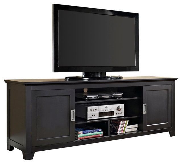 70" Black Wood Tv Stand With Sliding Doors - Transitional ... with Transitional Black Tv Stand, Open Shelves & Side Cabinets With Doors