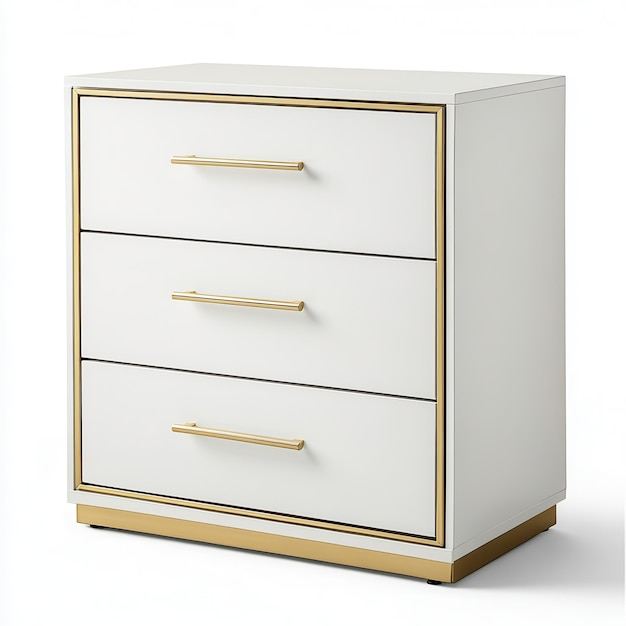 A Modern White Dresser With Three Drawers And Gold Accents For Storage ... with Burlington Dresser With 3 Drawers, White