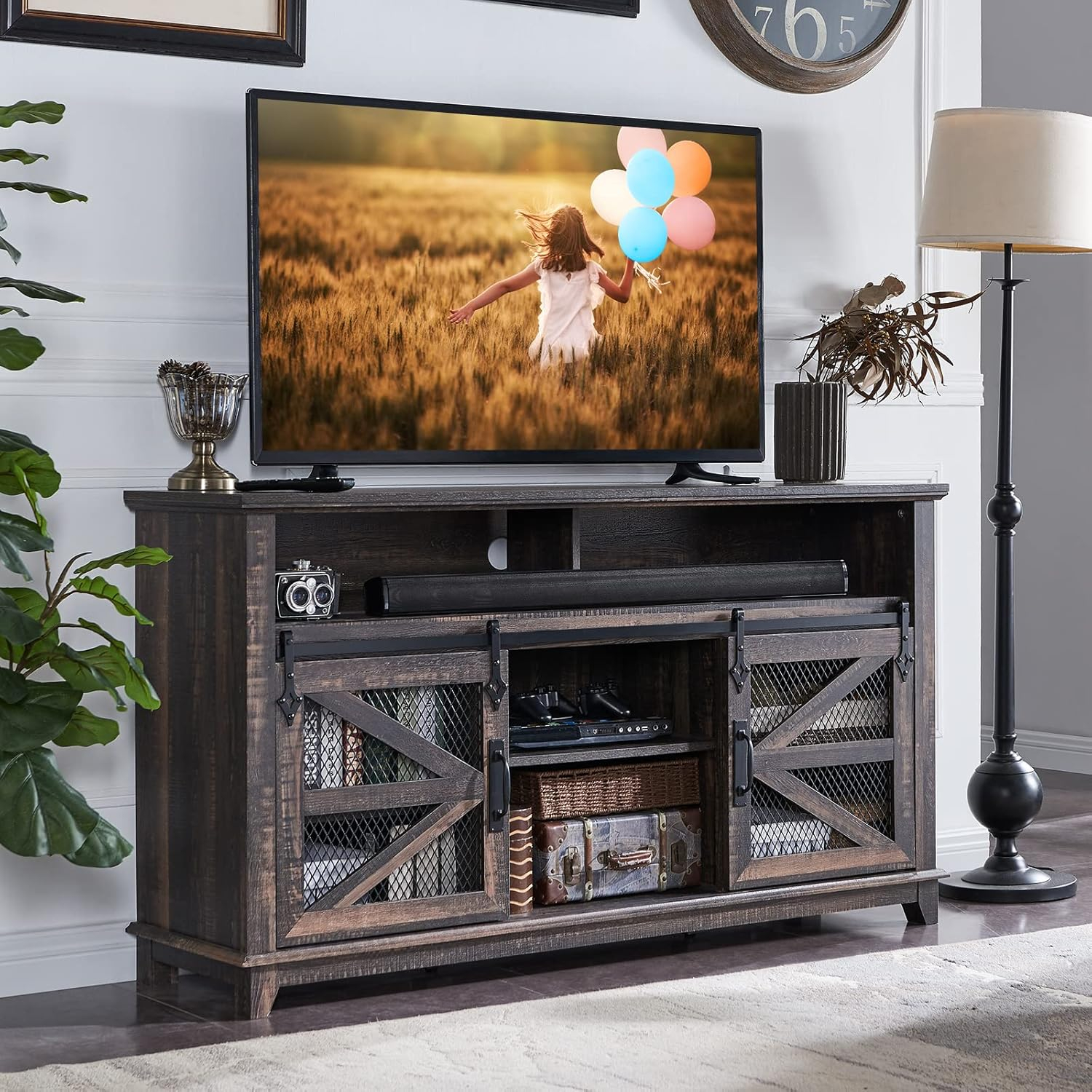Amazon.com: Farmhouse Tv Stand For 65+ Inch Tv, Industrial & Farmhouse ... within The Art of Styling a Grey Wash TV Console with Metal Mesh Doors