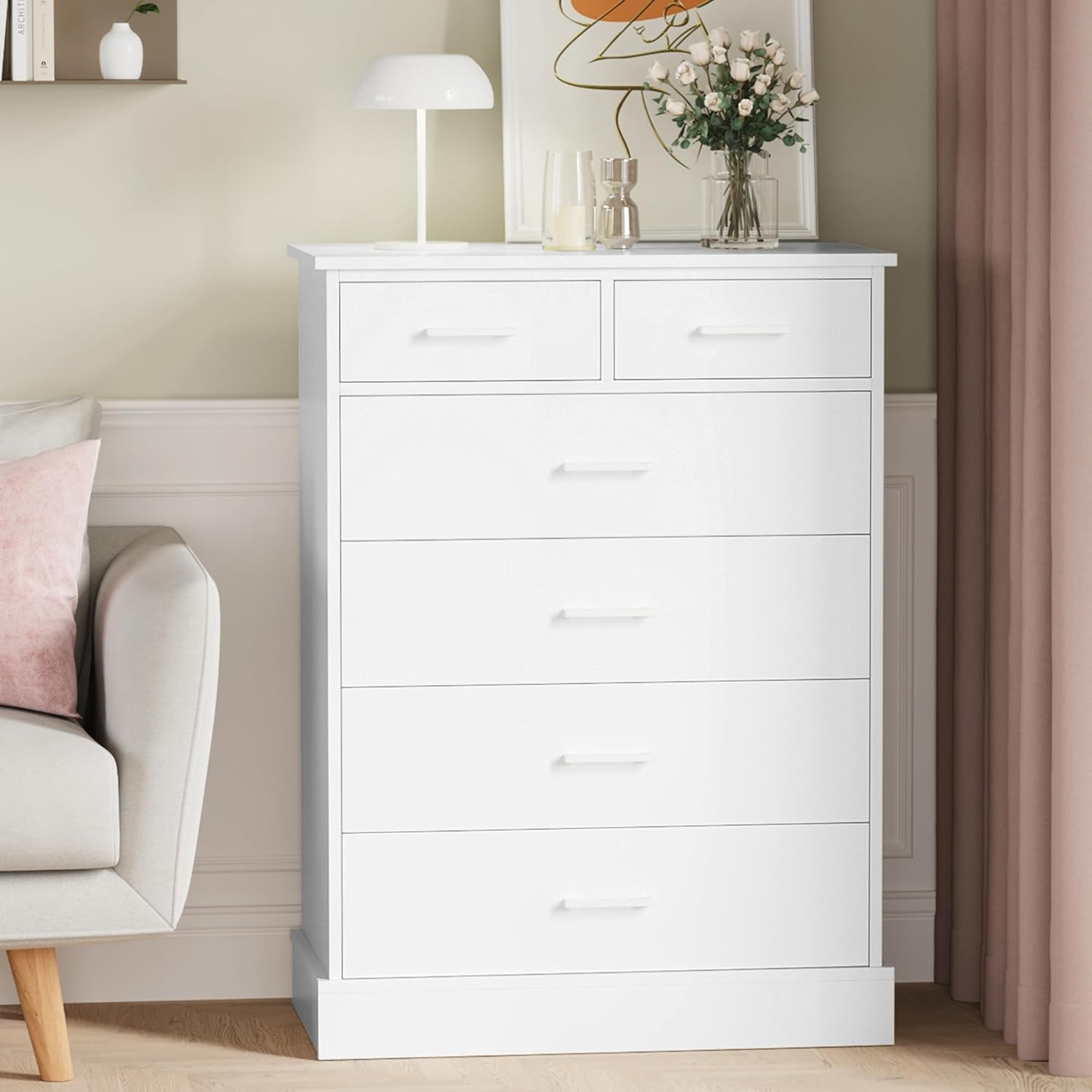 Amazon.com: Fotosok 6 Drawer Dresser, White Dresser Tall Dresser Wood ... regarding Modern High Chest Dresser With Goove Handles, White